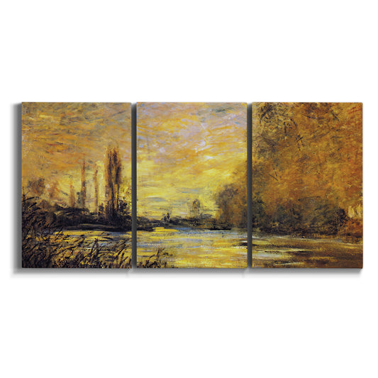Three-panel canvas wall art featuring quiet river branch landscape on white background.