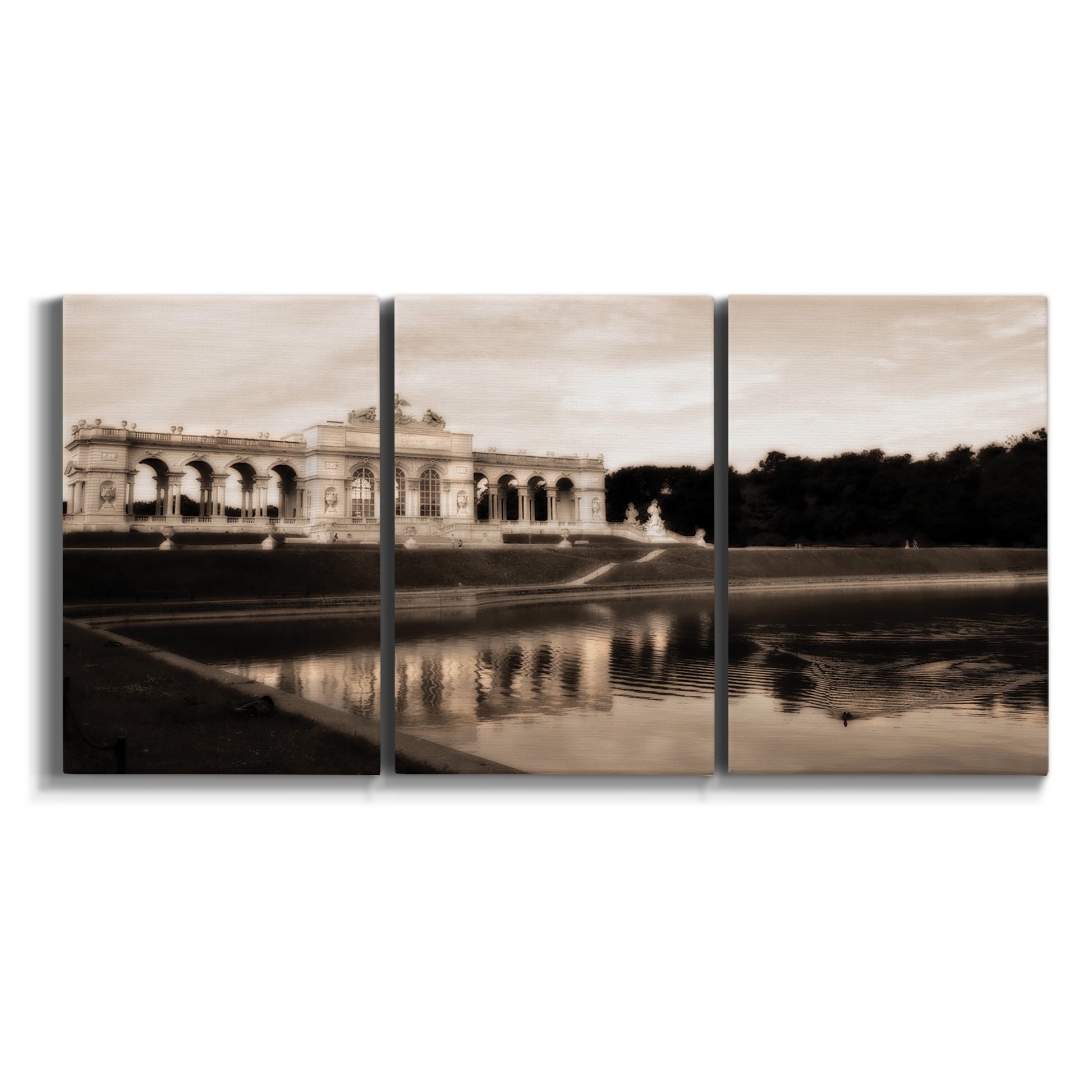 Three-panel canvas wall art featuring monochrome historic pavilion photograph on white background.