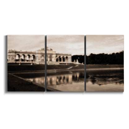 Three-panel canvas wall art featuring monochrome historic pavilion photograph on white background.