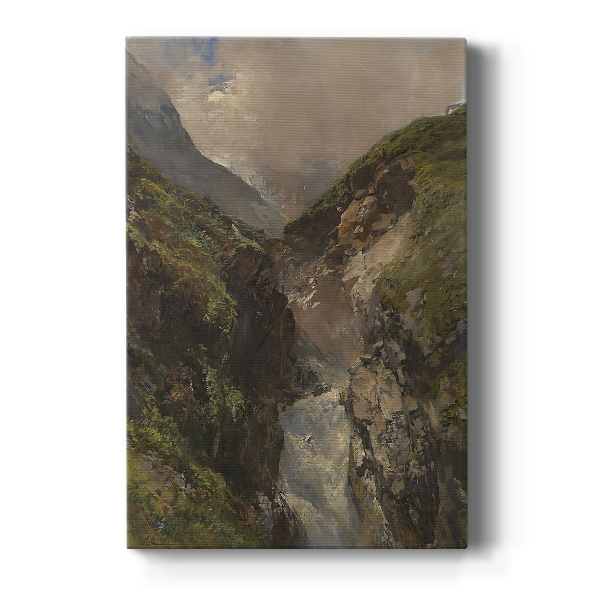 Canvas art print featuring a dramatic mountain gorge with a cascading waterfall and rugged rock formations on a clean white background.
