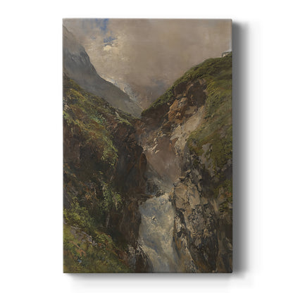 Canvas art print featuring a dramatic mountain gorge with a cascading waterfall and rugged rock formations on a clean white background.