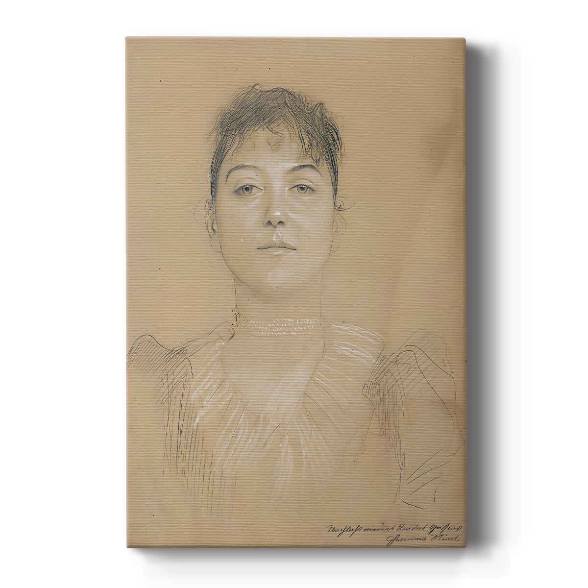 Canvas art print featuring a portrait study of a woman with delicate features and soft pencil shading on a clean white background.