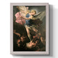 Religious painting of Saint Michael the Archangel by Luca Giordano printed on canvas in an ornate weathered white frame with a vertical orientation.
