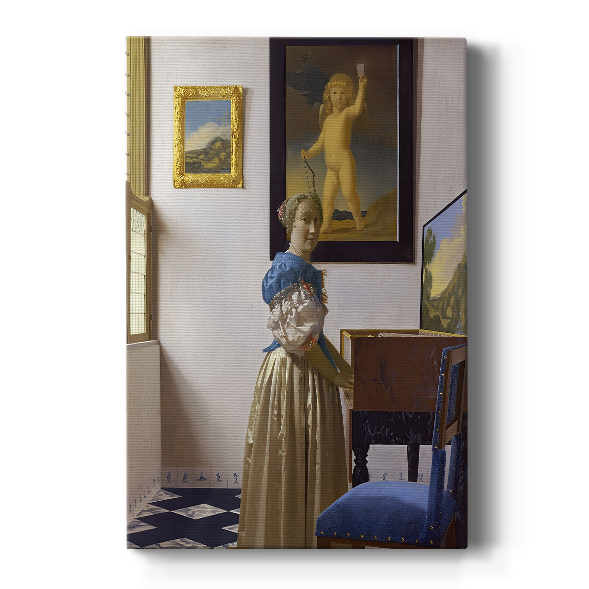 Canvas art print featuring a Baroque interior of a woman standing at a virginal in soft light on a clean white background.