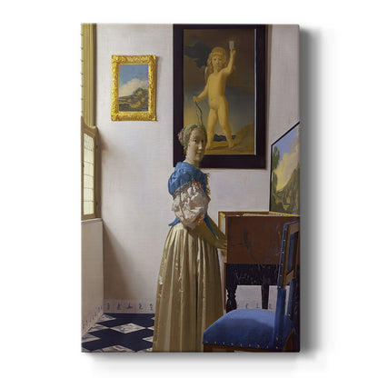 Canvas art print featuring a Baroque interior of a woman standing at a virginal in soft light on a clean white background.