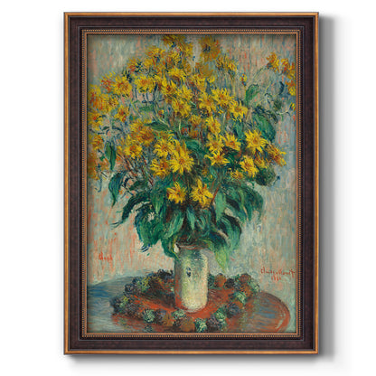 Impressionist floral painting of artichoke flowers by Claude Monet printed on canvas in an ornate bronzed mahogany wood frame with a vertical orientation.
