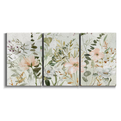Three-panel canvas wall art featuring vintage floral botanical sketchbook on white background.
