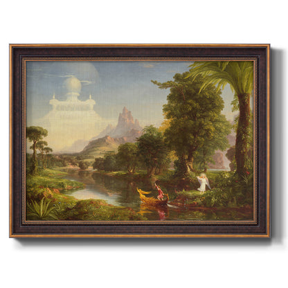 Symbolic landscape representing youth by Thomas Cole printed on canvas in an ornate bronzed mahogany wood frame.