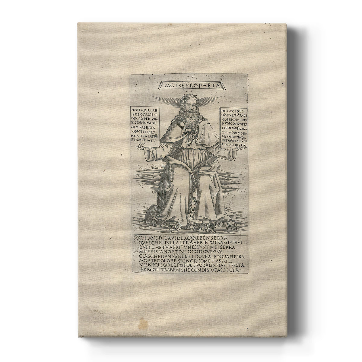 Canvas art print featuring a monochrome engraving of a standing prophet with fine etched detail on a clean white background.