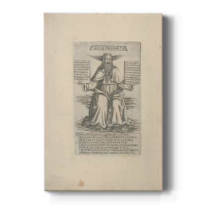 Canvas art print featuring a monochrome engraving of a standing prophet with fine etched detail on a clean white background.