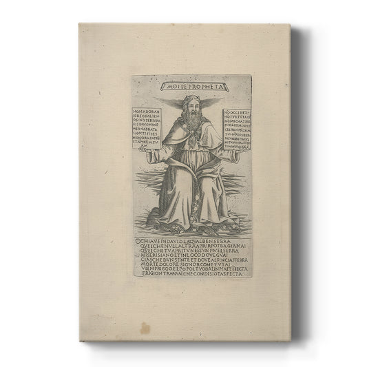 Canvas art print featuring a monochrome engraving of a standing prophet with fine etched detail on a clean white background.