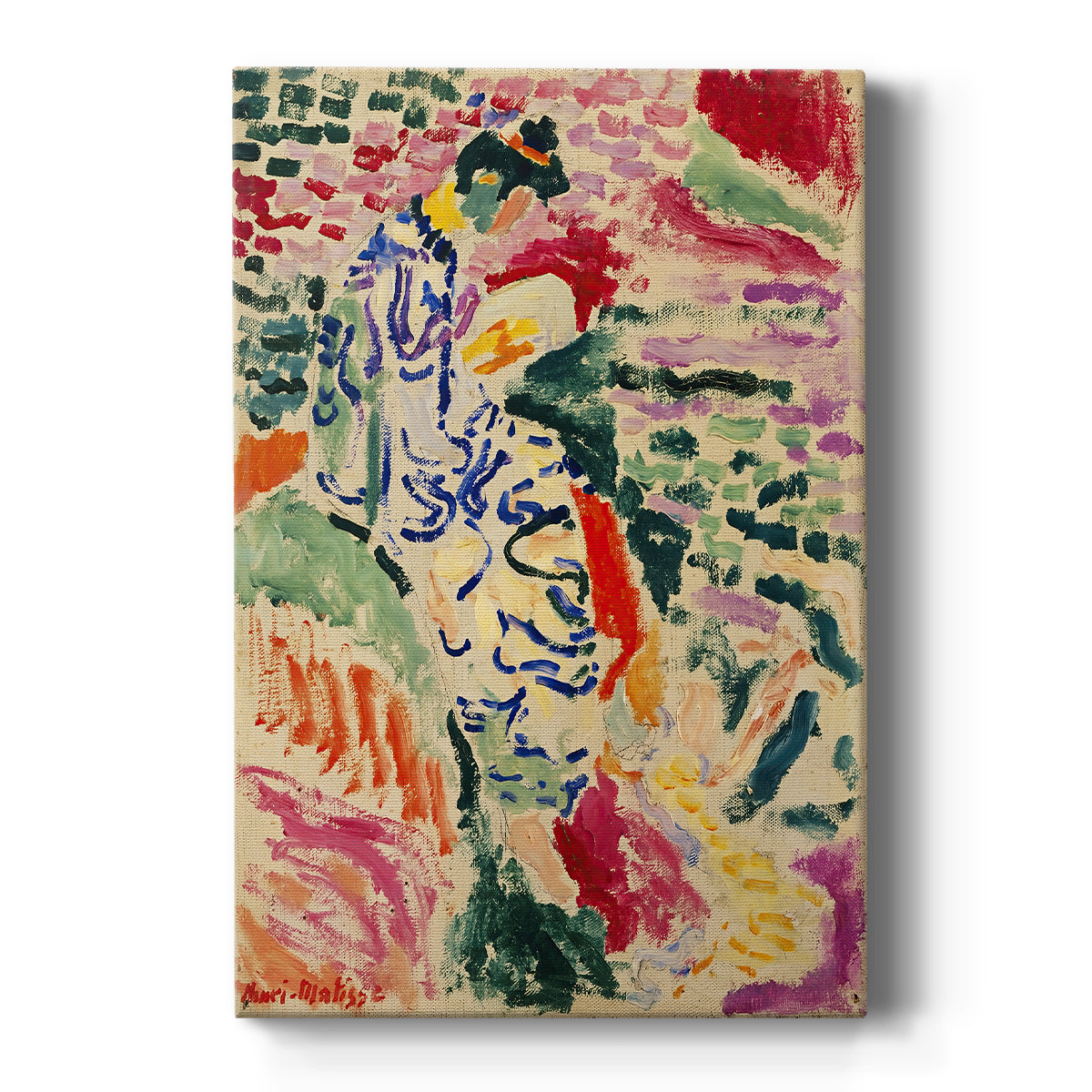 Canvas art print featuring a fauvist scene of a woman near water with decorative patterns and bold color on a clean white background.