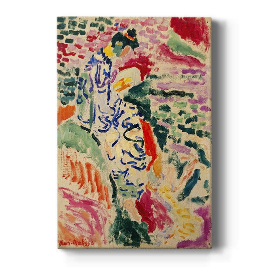 Canvas art print featuring a fauvist scene of a woman near water with decorative patterns and bold color on a clean white background.