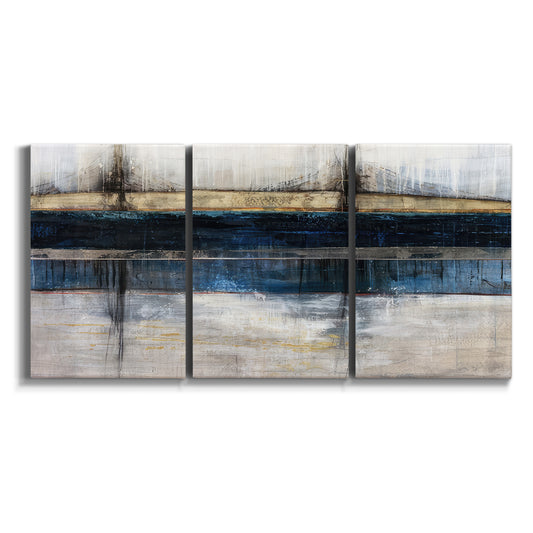 Three-panel canvas wall art featuring abstract blue urban composition on white background.