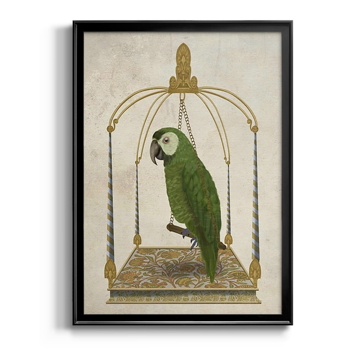 Green Parrot on Swing - Modern Framed Canvas Print