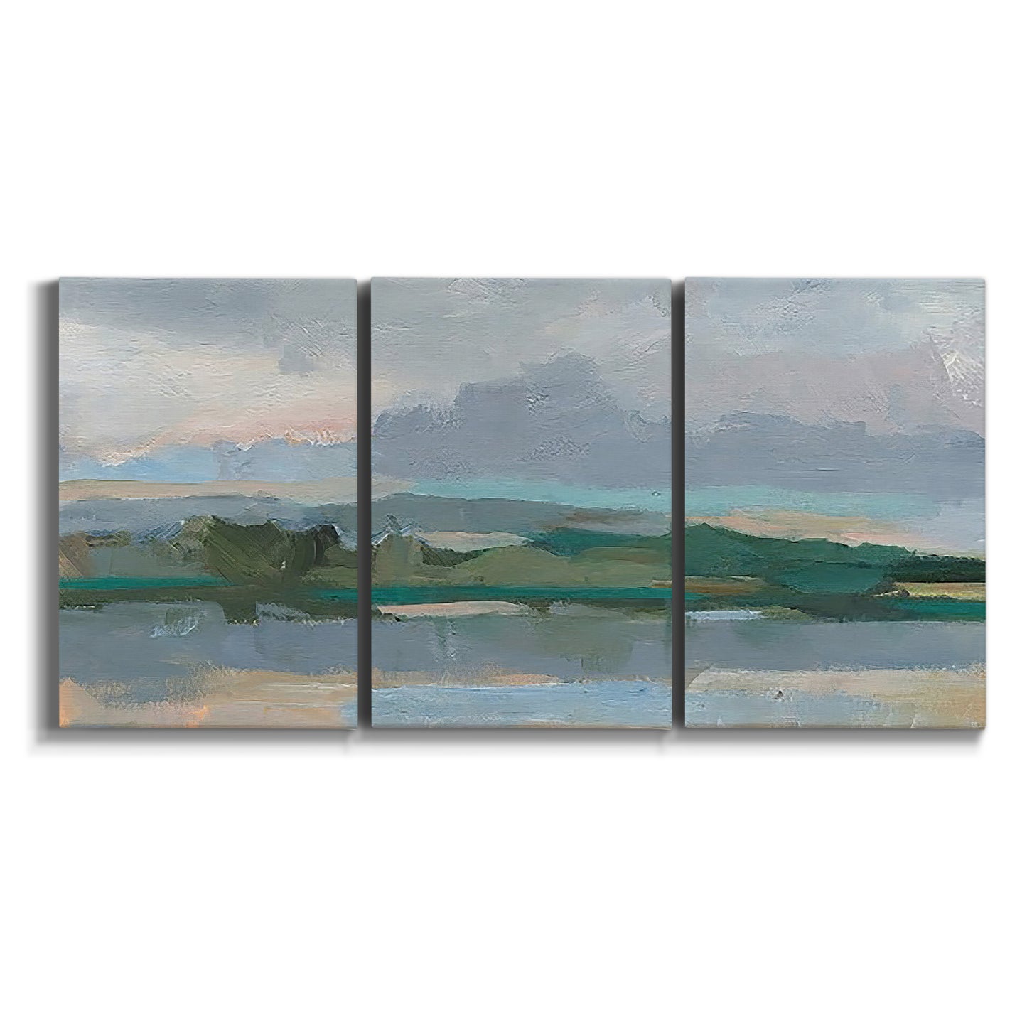 Three-panel canvas wall art featuring twilight landscape with fading light on white background.