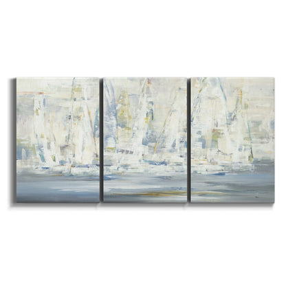 Three-panel canvas wall art featuring impressionist regatta scene with sailboats on white background.