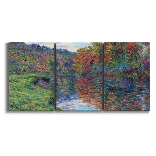 Three-panel canvas wall art featuring autumn river bend landscape on white background.