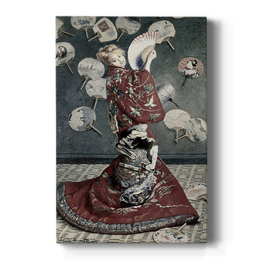 Canvas art print featuring an impressionist portrait of a woman in a Japanese costume with bold colors on a clean white background.