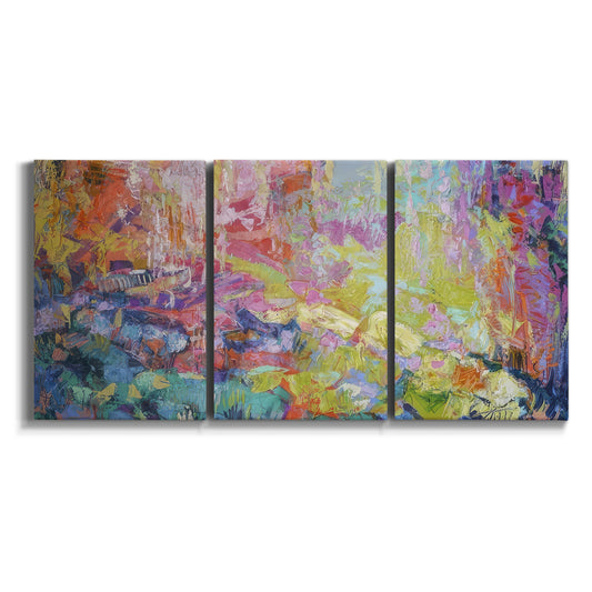 Three-panel canvas wall art featuring abstract pond scene with reflections on white background.