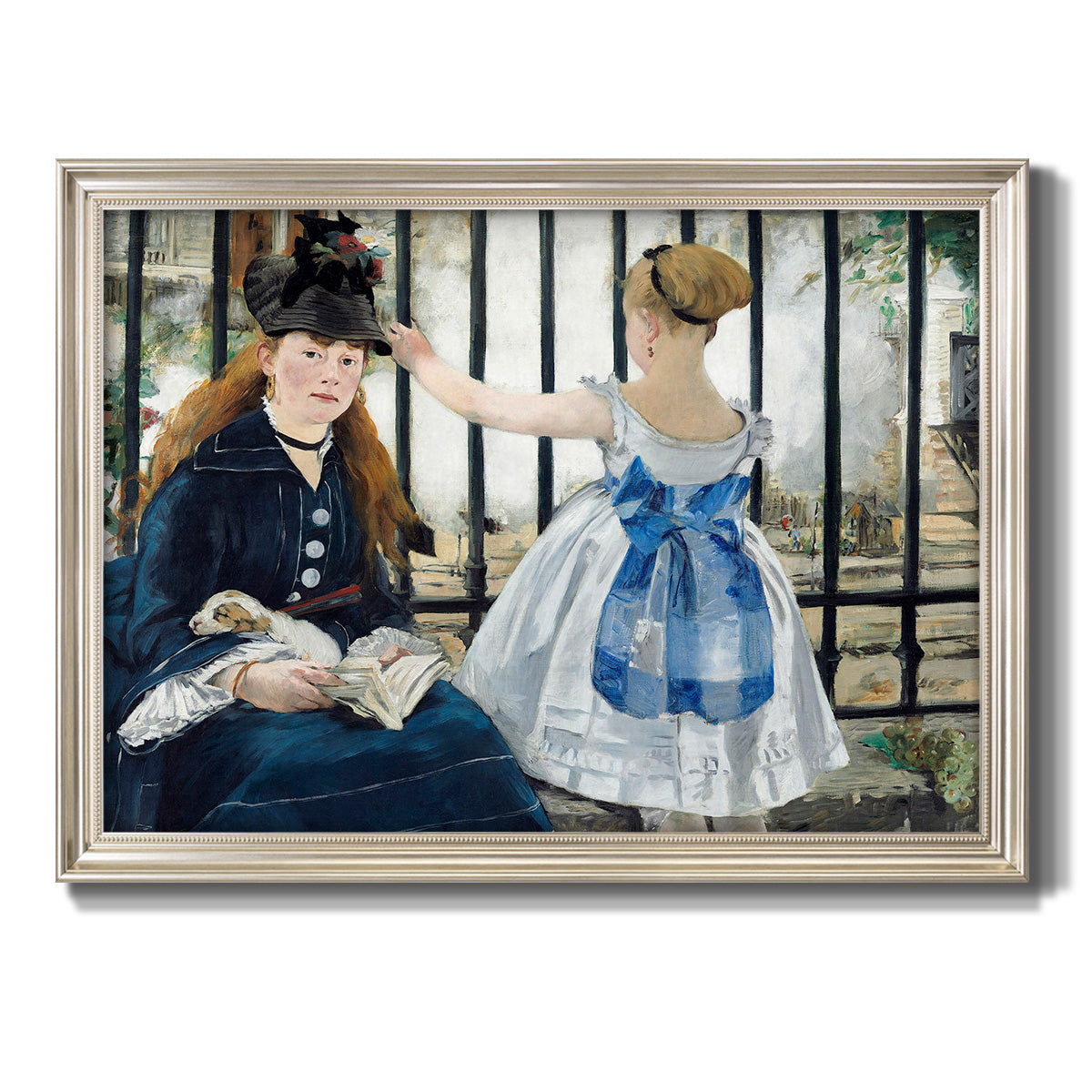 Impressionist urban scene near a railway by Édouard Manet printed on canvas in an ornate champagne frame.