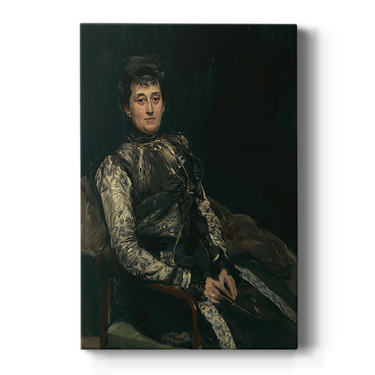 Canvas art print featuring an impressionist portrait of a woman in formal dress with soft natural light on a clean white background.