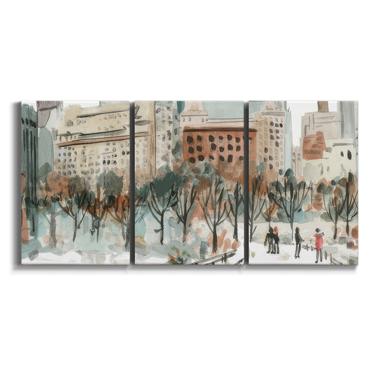 Three-panel canvas wall art featuring snowy urban winter road scene on white background.