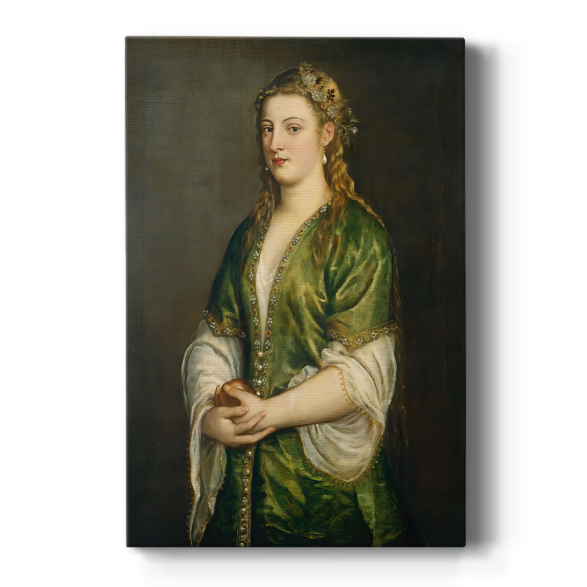 Canvas art print featuring a Renaissance portrait of a woman holding an apple with soft tones on a clean white background.