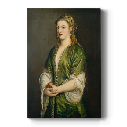 Canvas art print featuring a Renaissance portrait of a woman holding an apple with soft tones on a clean white background.