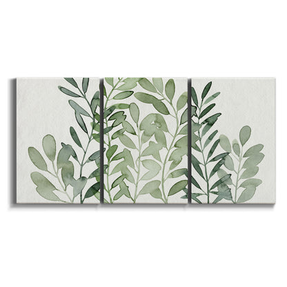 Three-panel canvas wall art featuring foraged leafy greens botanical study on white background.