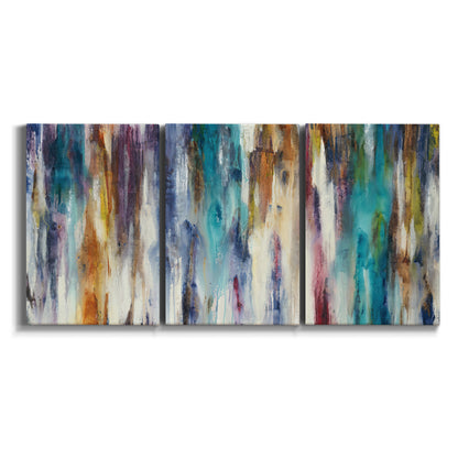 Three-panel canvas wall art featuring abstract shifting color forms on white background.