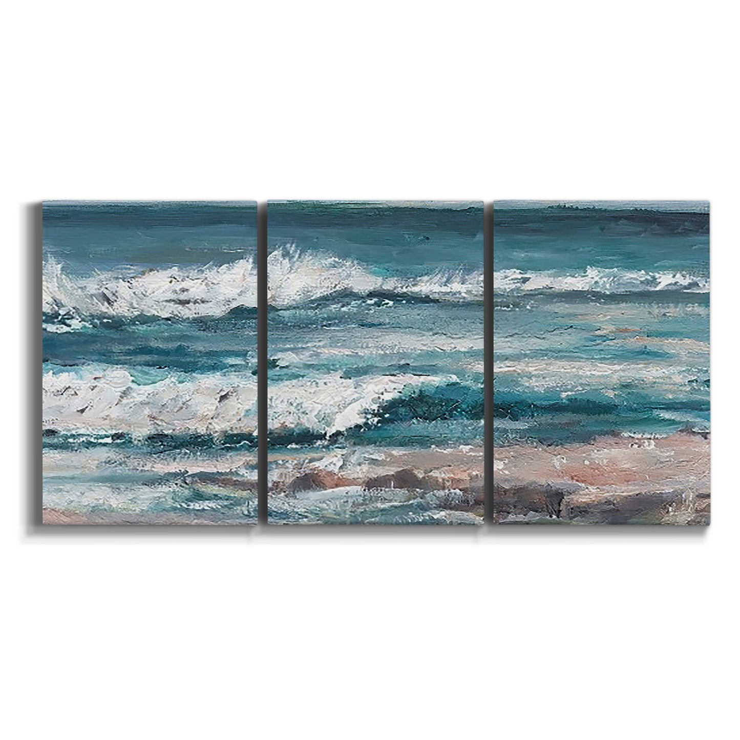 Three-panel canvas wall art featuring crashing ocean waves along shoreline on white background.