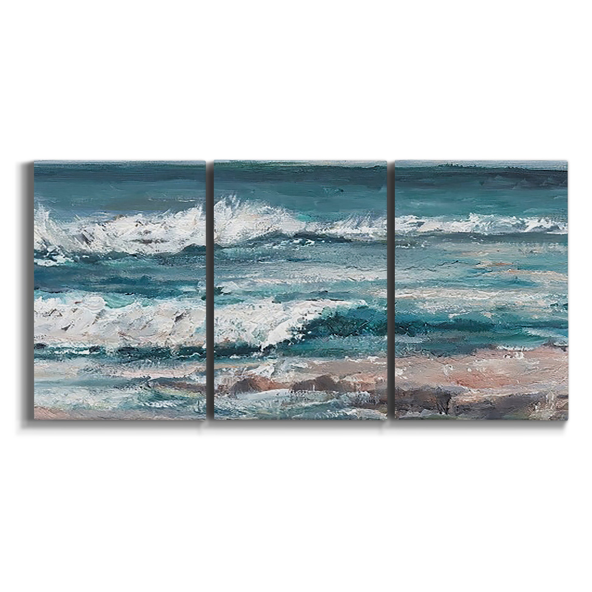 Three-panel canvas wall art featuring crashing ocean waves along shoreline on white background.