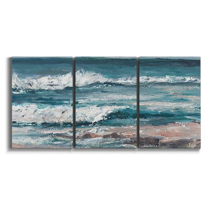 Three-panel canvas wall art featuring crashing ocean waves along shoreline on white background.