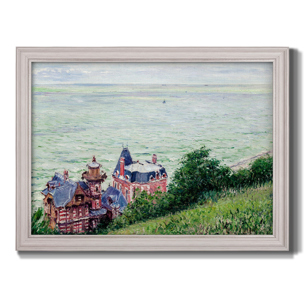Impressionist coastal villas landscape by Gustave Caillebotte printed on canvas in an ornate weathered white frame.
