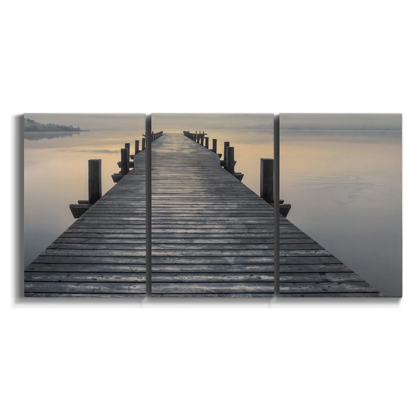 Three-panel canvas wall art featuring sunset over water photograph on white background.
