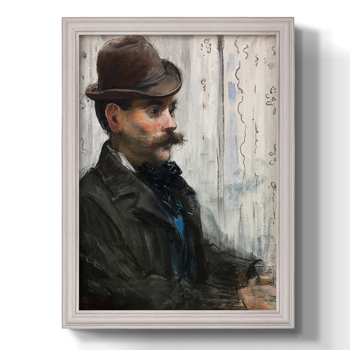 Impressionist portrait of a seated man by Édouard Manet printed on canvas in an ornate champagne frame with a vertical orientation.