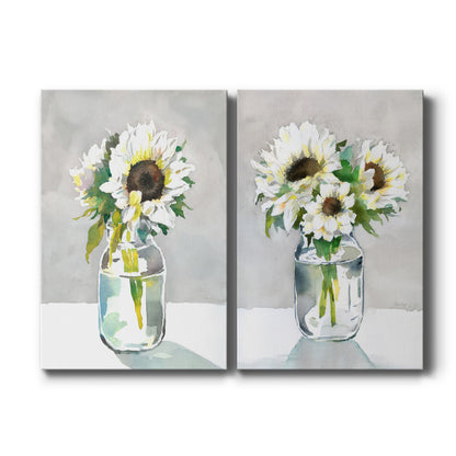 Set of two vertical canvas prints featuring bright yellow sunflower botanical illustration, displayed side by side.