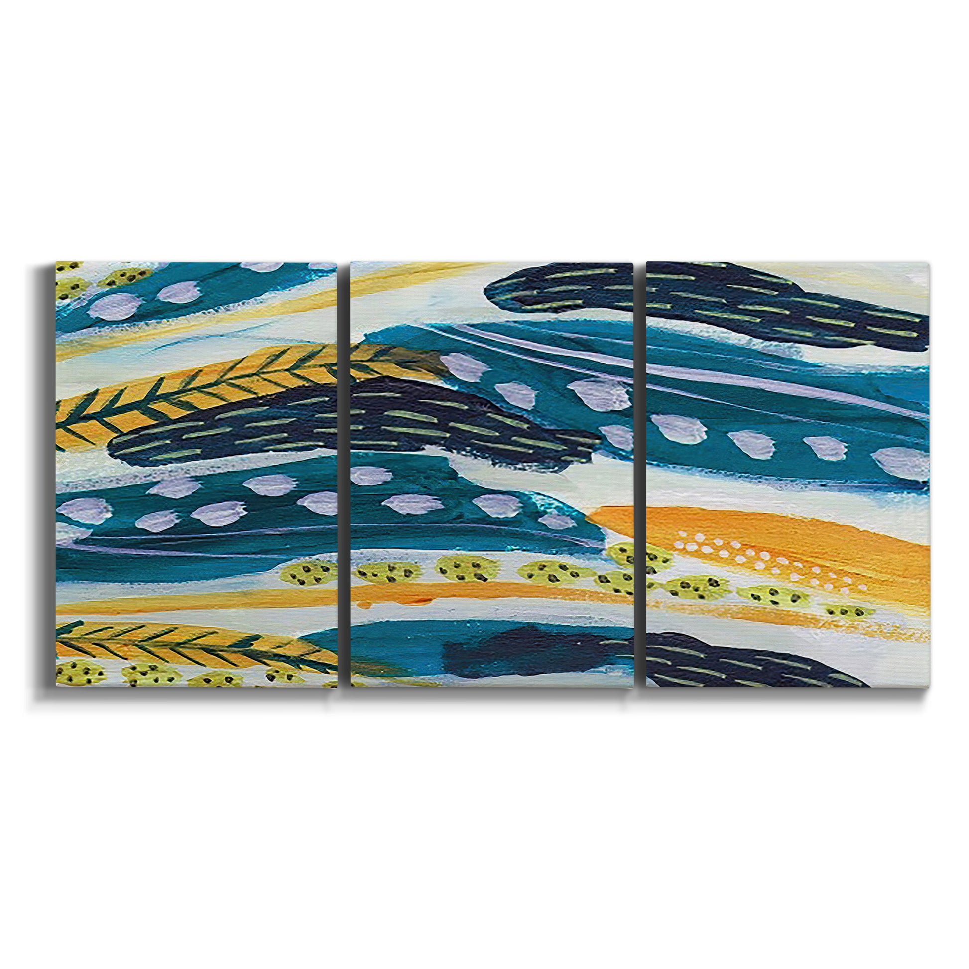 Three-panel canvas wall art featuring feather inspired abstract linear motion on white background.