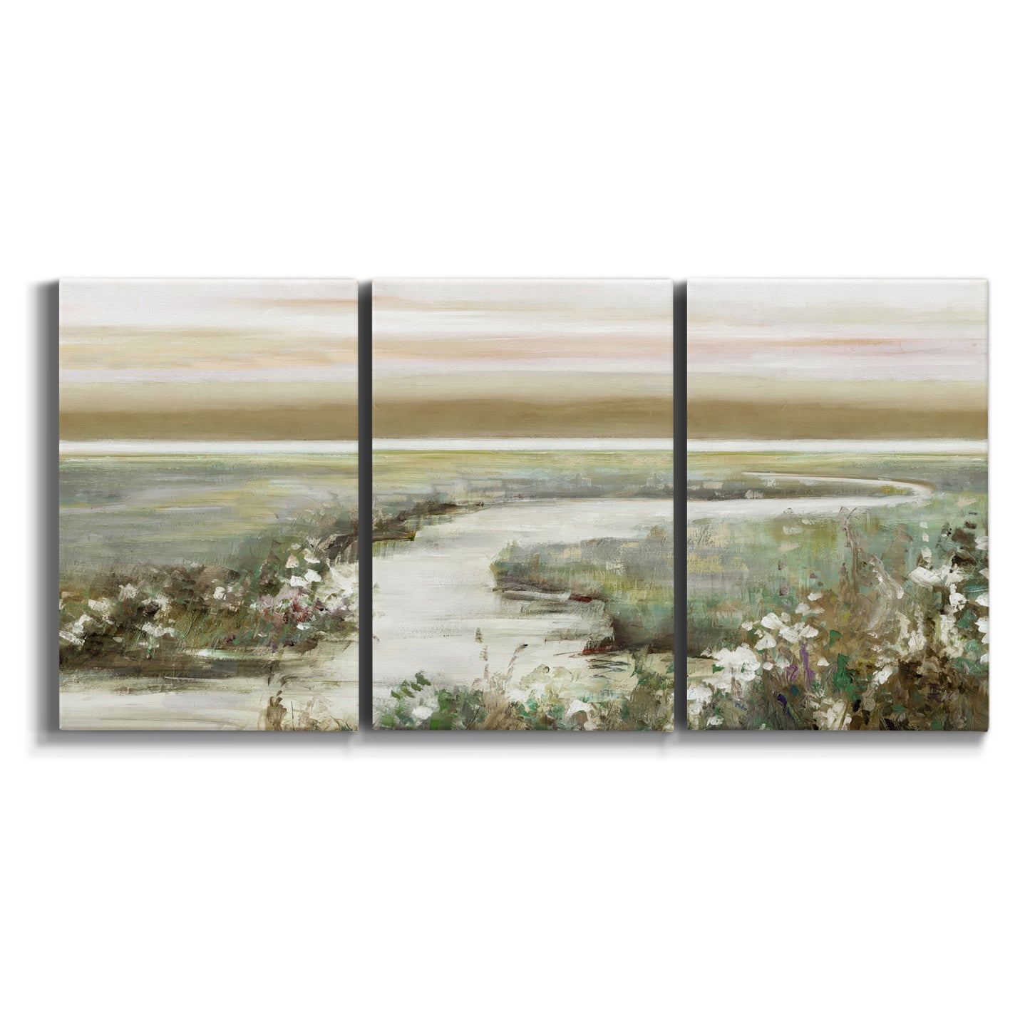Three-panel canvas wall art featuring pastoral fields under soft sunrise on white background.