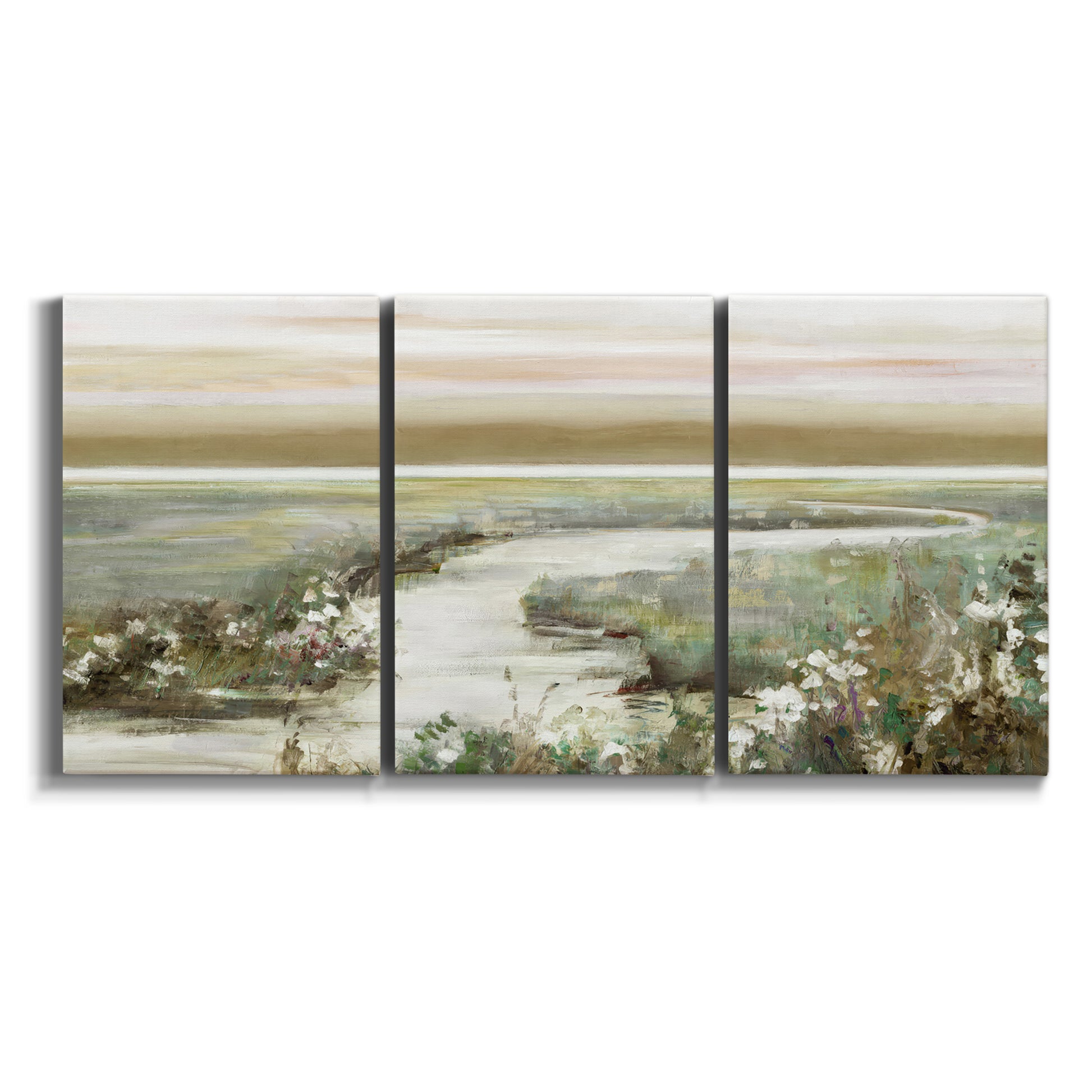 Three-panel canvas wall art featuring pastoral fields under soft sunrise on white background.