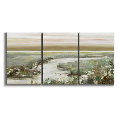 Three-panel canvas wall art featuring pastoral fields under soft sunrise on white background.