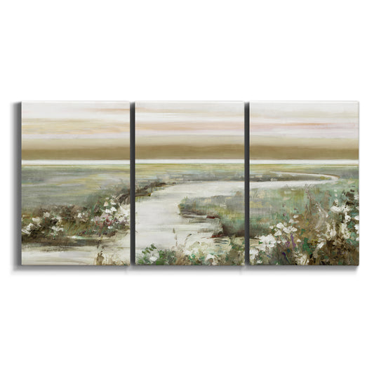 Three-panel canvas wall art featuring pastoral fields under soft sunrise on white background.