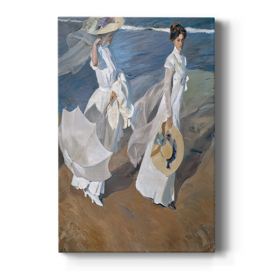 Canvas art print featuring an impressionist beach scene of women walking along the shore in bright light on a clean white background.