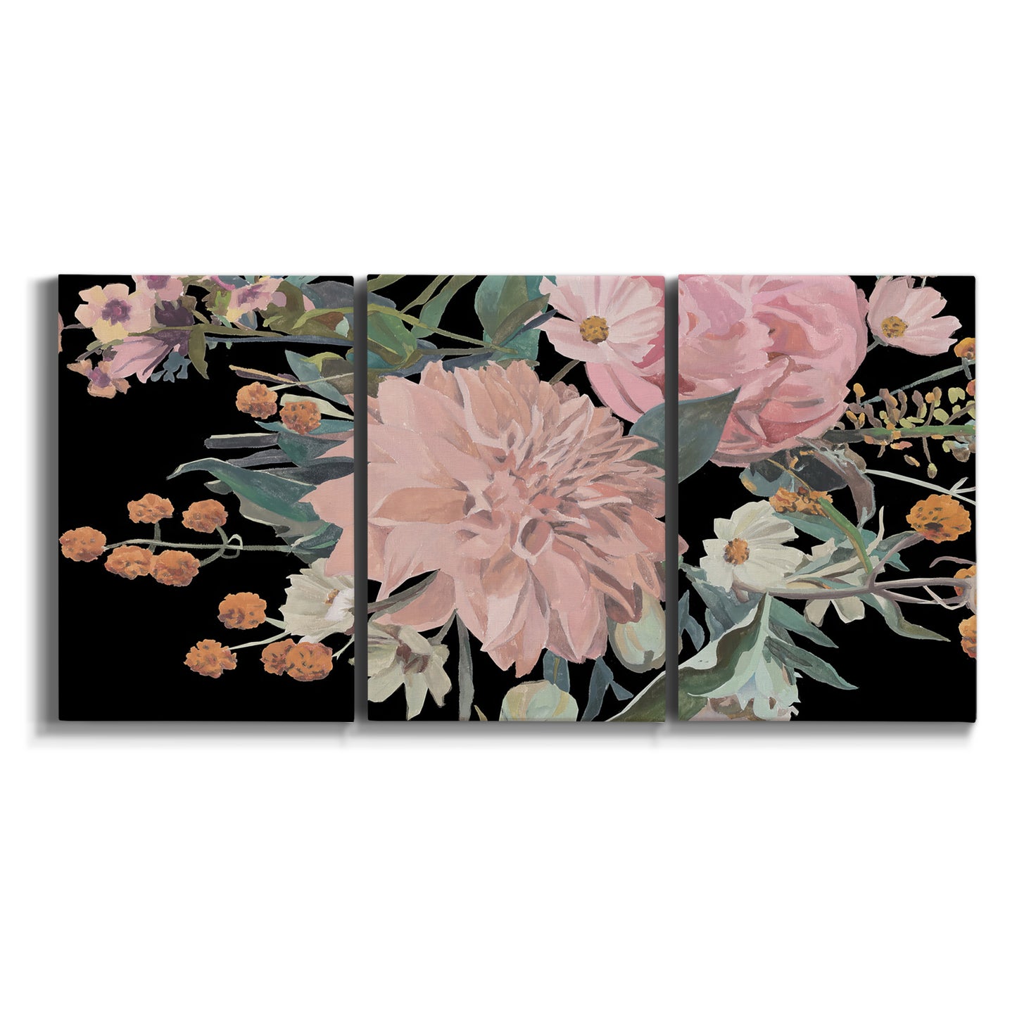 Three-panel canvas wall art featuring dark floral night blossoms on white background.