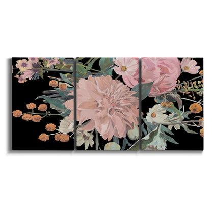Three-panel canvas wall art featuring dark floral night blossoms on white background.