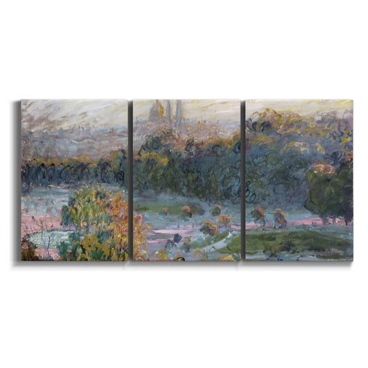 Three-panel canvas wall art featuring formal garden with trees on white background.