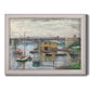 Impressionist river bridge scene on an overcast day by Claude Monet printed on canvas in an ornate weathered white frame.
