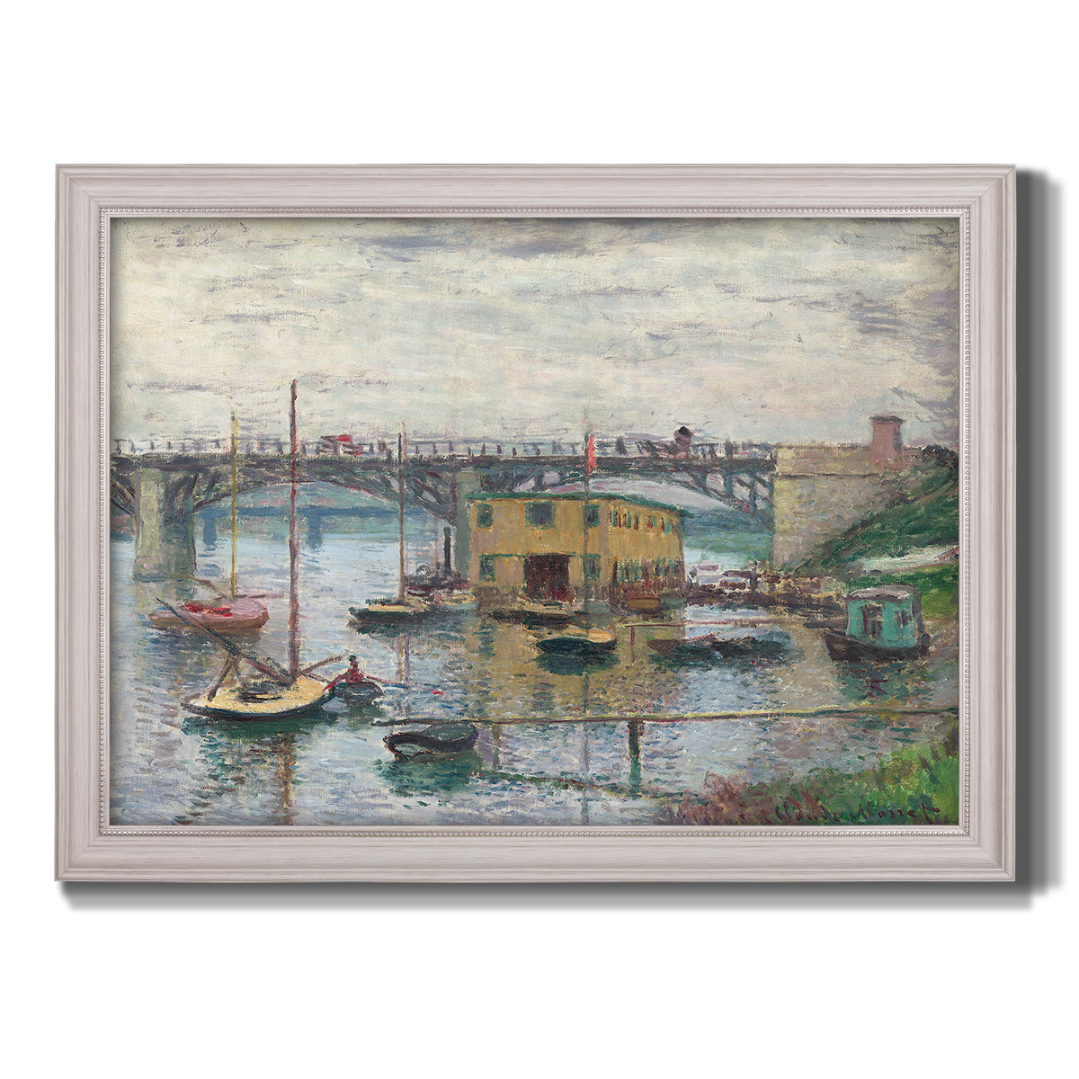 Impressionist river bridge scene on an overcast day by Claude Monet printed on canvas in an ornate weathered white frame.