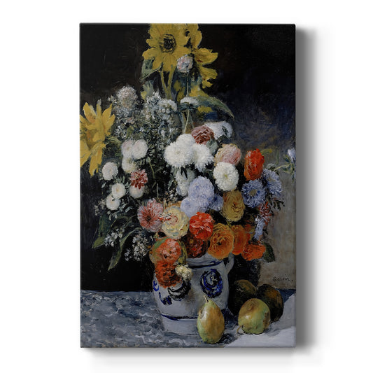 Canvas art print featuring an impressionist still life of mixed flowers in a rustic earthenware pot on a clean white background.
